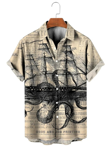 Vintage Shirt For Men 3d Map Printed Short Sleeve Male Shirt Lapel Button Men's Clothing Casual Fashion Tops Oversized Tshirt