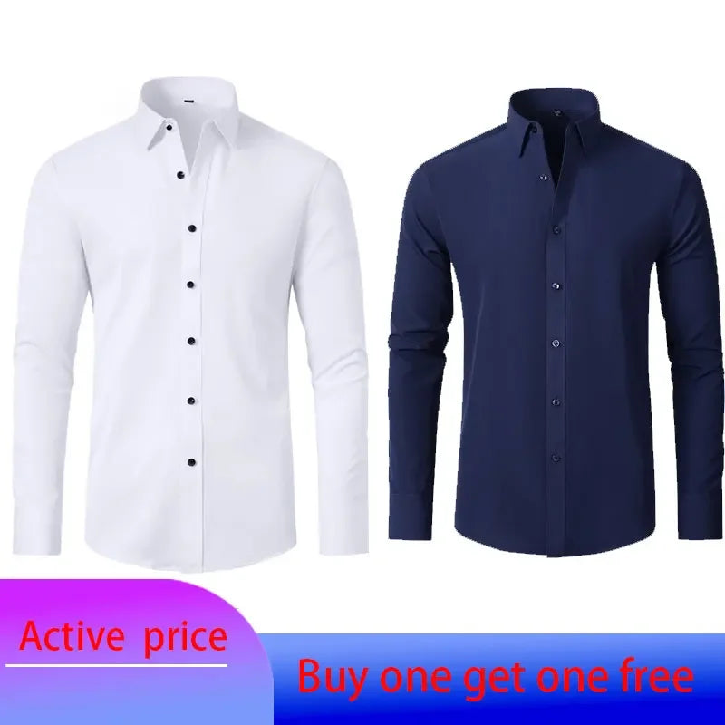 6xl New Spring and summer  elastic force non-iron men's long-sleeved business casual shirt solid color mercerized vertical shirt