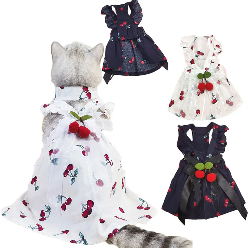 Pet Dog Clothes Cherry Pattern Summer Suspenders Dress Princess Girls Prom Suit Skirt For Small Dogs Chihuahua Puppy Cat Dresses