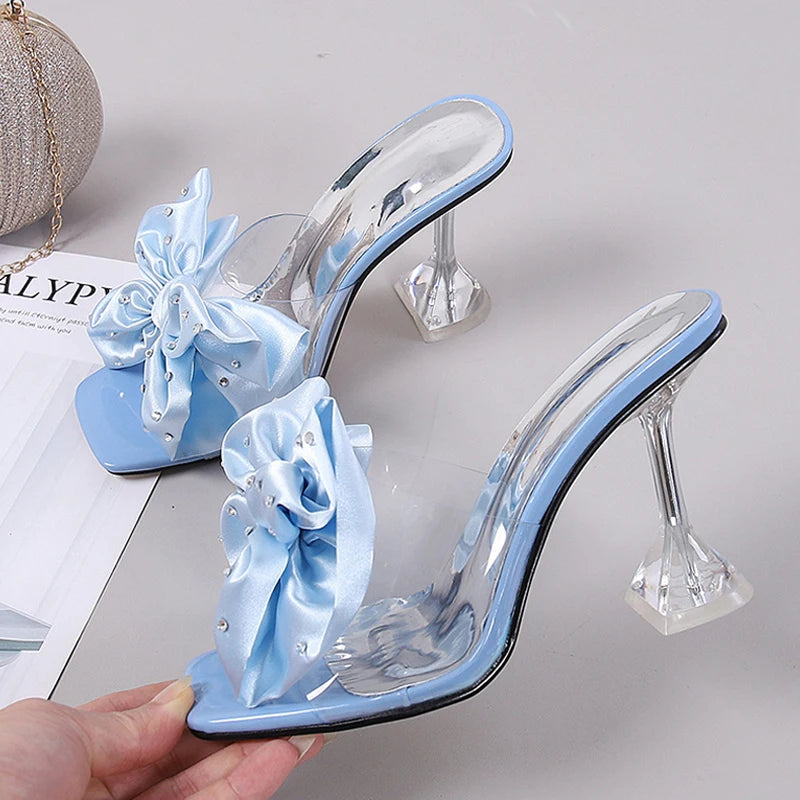 2023 Fashion Crystal Bow High Heels Slippers Shoes for Woman Sexy PVC Transparent Sandals Women Slides Open Toe Pumps Blue Black