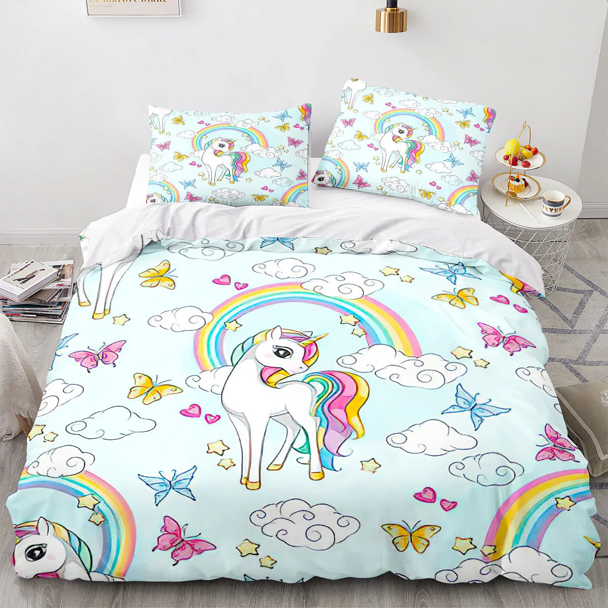 Unicorn Duvet Cover Set Cartoon Galaxy Rainbow Colourful Unicorn Cute Romantic Theme for Kids Girls Polyester Comforter Cover