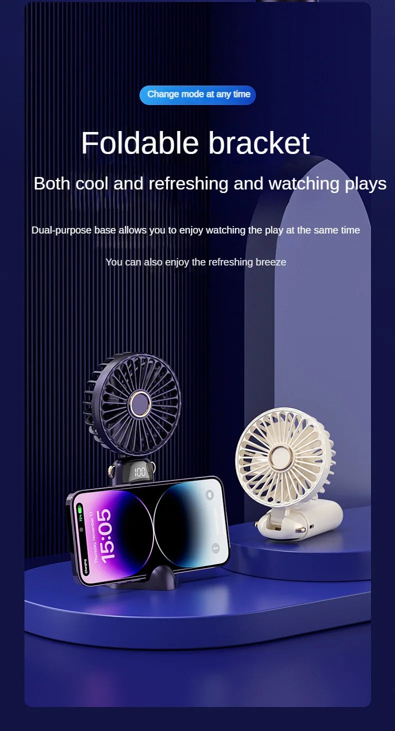 3000mAh Handheld Mini Fan Foldable Portable Neck Hanging Fans 5 Speed USB Rechargeable Fan with Phone Stand and Display Screen