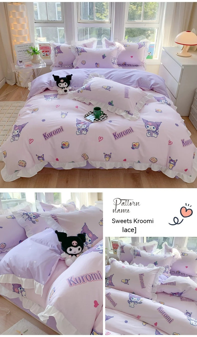 Sanrio Kids Bedding Set Kuromi Cinnamoroll Mymelody Duvet Cover Bed Sheet Pillowcase Bedsheet Double Single King Queen Twin Size