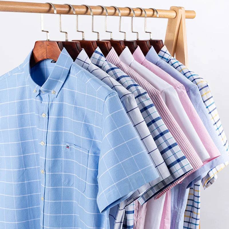 100% Cotton Men Oxford Shirt Short Sleeve Summer Plaid Striped Male Clothes Business Regular Fit Dress Shirt Oversized 7XL 6XL