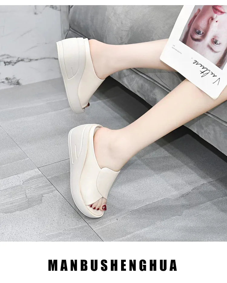 New Women Sandals Women Slippers Black Wedge Platform Open Toe Women Orthopedics Thick Bottom Beach High Heels Slides