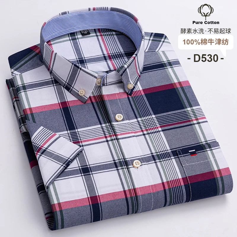 100% Cotton Breathable Men Oxford Short Sleeve Summer Plaid Shirts Striped Male Clothes Business Regular Fit Oversized