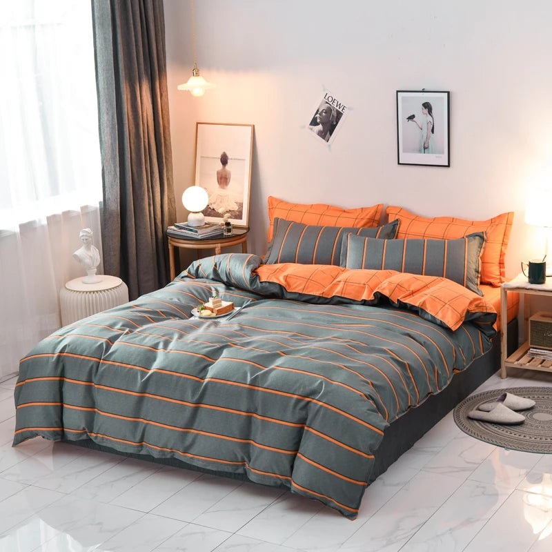 Striped Grey Duvet Cover Twin Queen Size Reversible Neutral Orange Plaid Quilt Cover Geometric Bedding Set Microfiber 3 Pcs Set