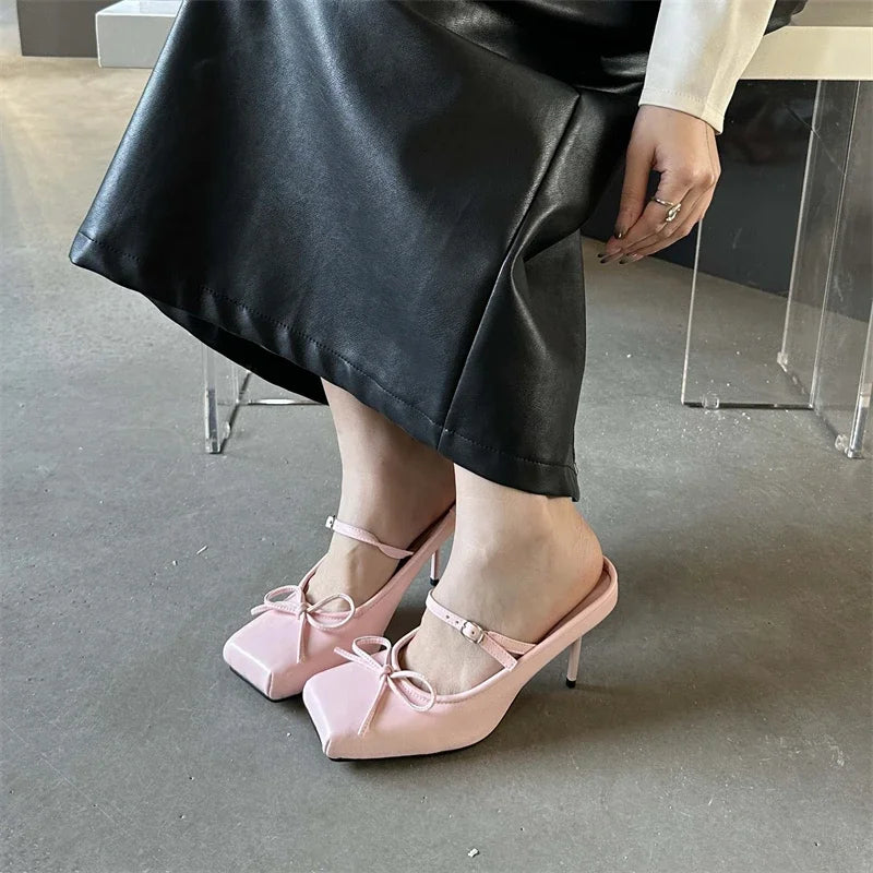 Eilyken New Design Bowknot Square Toe Women Pumps Sexy Buckle Strap Thin High Heels Banquet Prom Mule Slippers Shoes