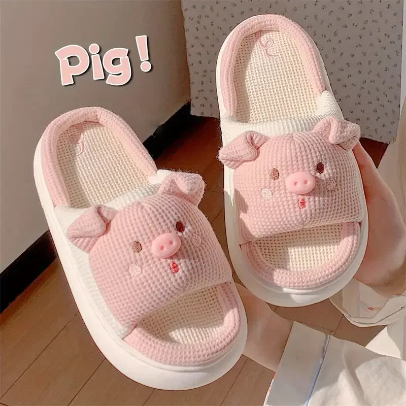 Slippers for Women Linen Cotton Home Shoes Thick Soft Sole Lovely Pig Non-slip for Outdoor for Four Seasons Korean Style