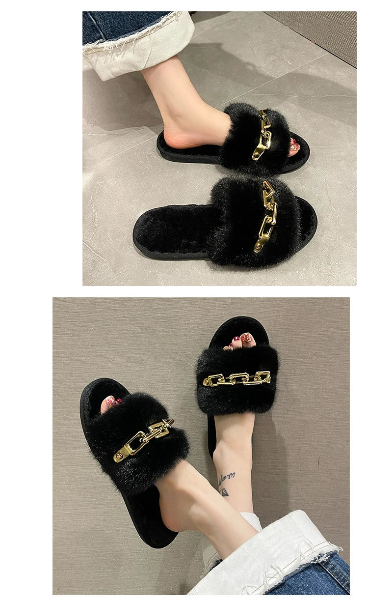 Fluffy Slippers Home Winter Casual Chain Designer Shoes Women 2024 Indoor Platform Plush Slides Girls Fashion Elegant Large Size