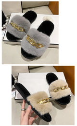 Fluffy Slippers Home Winter Casual Chain Designer Shoes Women 2024 Indoor Platform Plush Slides Girls Fashion Elegant Large Size