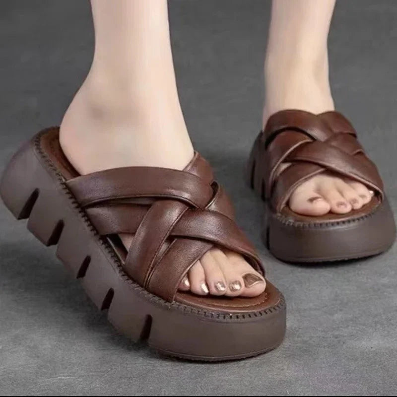 Summer 2023 Casual Platform  Slippers Women  Fashion Braided Mesh Walking Wedge Sandals шлепанцы женские летние на платформе