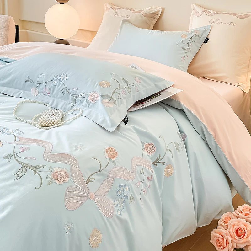 100% Cotton Bed Linen 4 Pcs Embroidered Comforter Bedding Set Couple Duvet Quilt Cover Double Sheets Set and Pillow Case Luxury