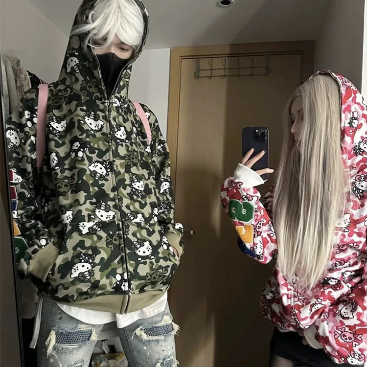 Miniso Camouflage Hellokitty Harajuku Zip-up Coats Cartoon Kitty Cat Printed Gothic Hooded Sweatshirts Couple Y2k Women Clothing