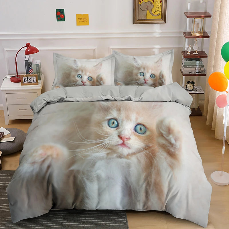 3D Cat Bedding Set Luxury Animal Duvet Cover with Pillowcase Queen King Single Double Size for Girls Boy Polyester Quilt Cover