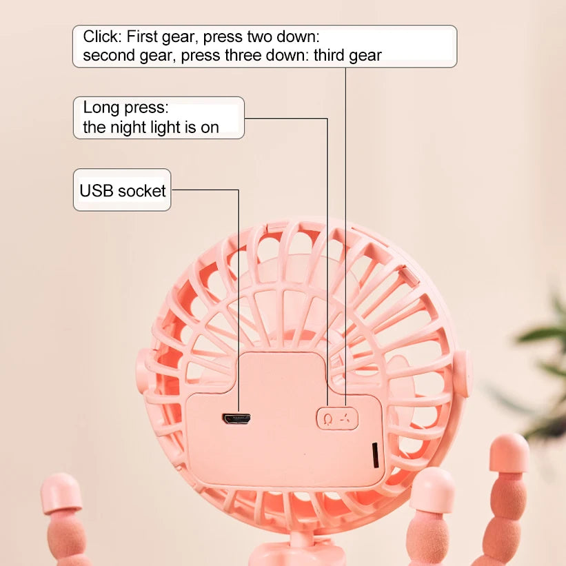 Multi Functional Handheld Mini Octopus Fan Portable USB Charging Home Outdoor Stroller With Night Light Function Small Fan