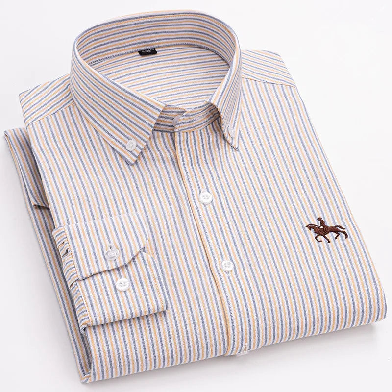 100% Cotton Oxford Shirt Men's Long Sleeve Embroidered Horse Casual Without Pocket Solid Yellow Dress Shirt Men Plus Size S-6XL