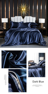 Solid Silk Bedding Set with Duvet Cover Fitted/Flat Bed Sheet Pillowcase Luxury Couple Bedsheet King Queen Double Twin Size