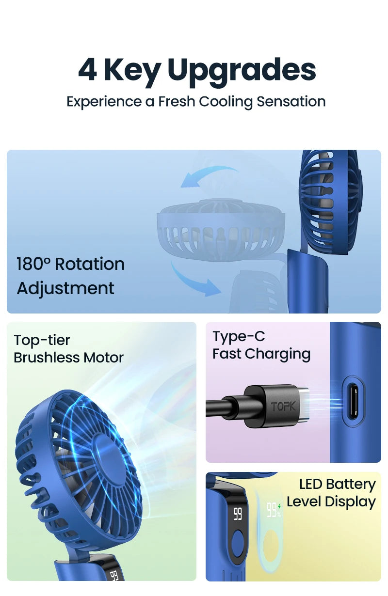 TOPK 5000mAh Mini Portable Fan USB Rechargeable Hand Held Fan,Small Pocket Fan 3 Speeds with Lanyard &Base,USB Desk Fan Foldable