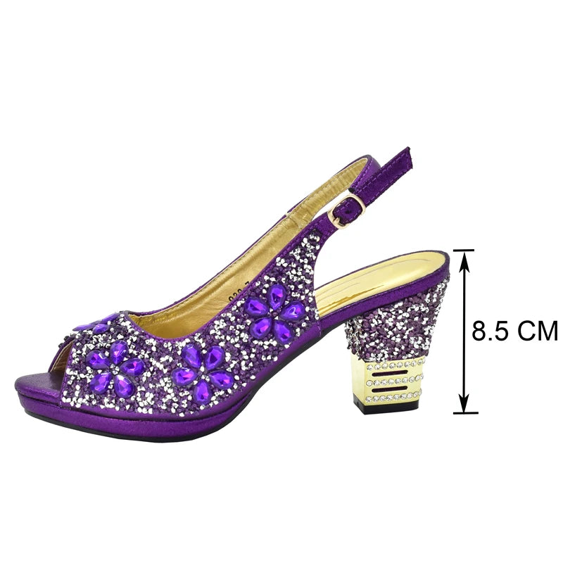 New Arrival Italian Women Wedding Shoes and Bag Set Decorated with Rhinestone Purple Shoes and Bags Sets Wedding Shoes Bride