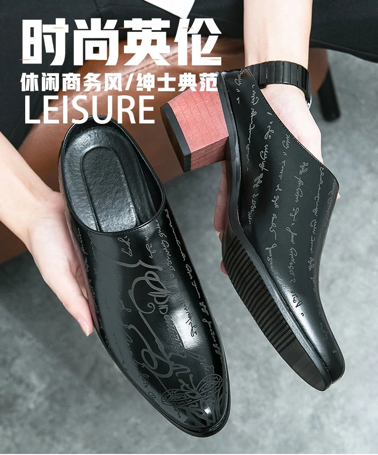 New Summer High Heel Mules Men Half Shoes For Man Leather Slippers Mens Casual Shoes Formal Loafers Dress Male Slides Sandals