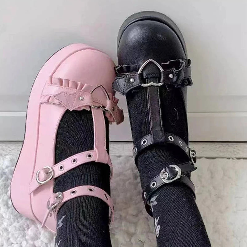 new Sweet Heart Buckle Wedges Mary Janes Women Pink T-Strap Chunky Platform Lolita Shoes Woman Punk Gothic Cosplay Shoes 43