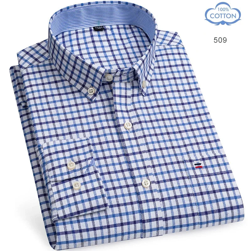 100% Pure Cotton Oxford Shirts for Men Long Sleeve  Plaid Shirt Striped Male BusinessTartan  Red Shirt Mans Designer Clothes