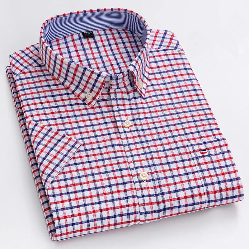 100% Cotton Men Oxford Shirt Short Sleeve Summer Plaid Striped Male Clothes Business Regular Fit Dress Shirt Oversized 7XL 6XL