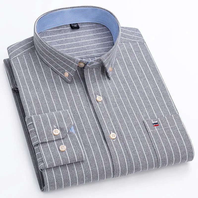 100% Cotton Mens Oxford Shirts New Hot Sale Long Sleeve Casual Stripe Soft Buttoned Plaid Formal Male Clothes Plus Size 7XL 6XL