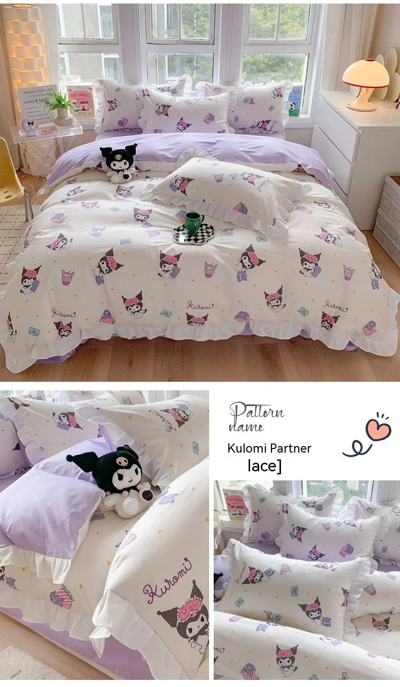 Sanrio Kids Bedding Set Kuromi Cinnamoroll Mymelody Duvet Cover Bed Sheet Pillowcase Bedsheet Double Single King Queen Twin Size