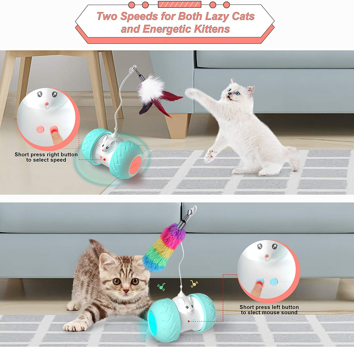 Interactive Cat Toys for Indoor Cats, Automatic Kitten Toys Electronic with Mouse and 3 Feathers for Cats to Play Alone Exercise