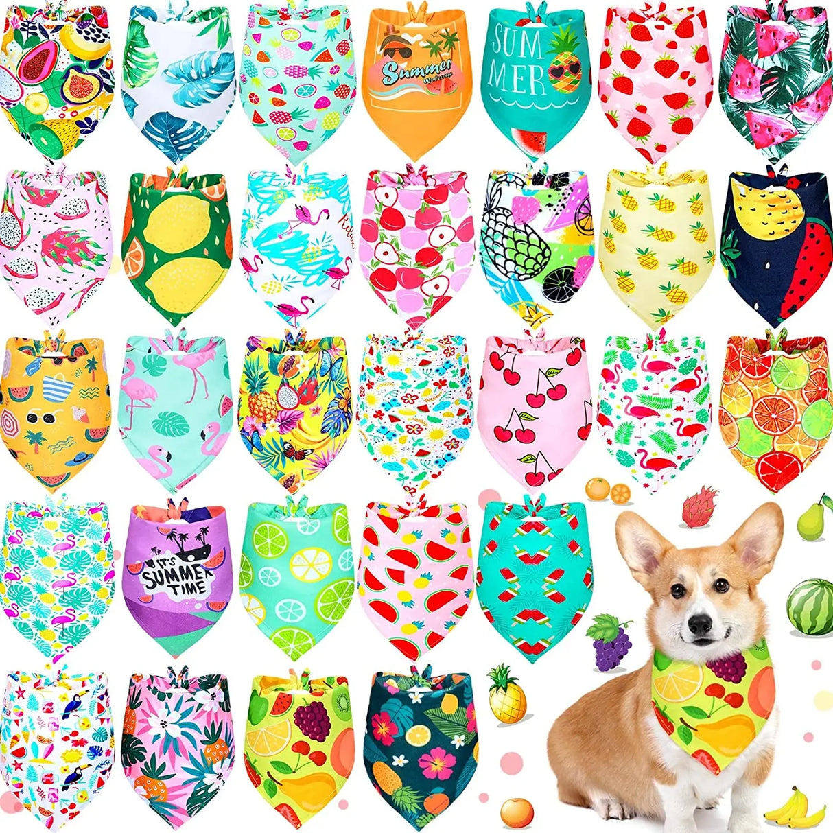 50Pack Summer Hawaii Dog Bandanas Soft Triangle Dog Scarfs Polyester Fruit Bandana Flowers Patterns for Small Medium Large Pets