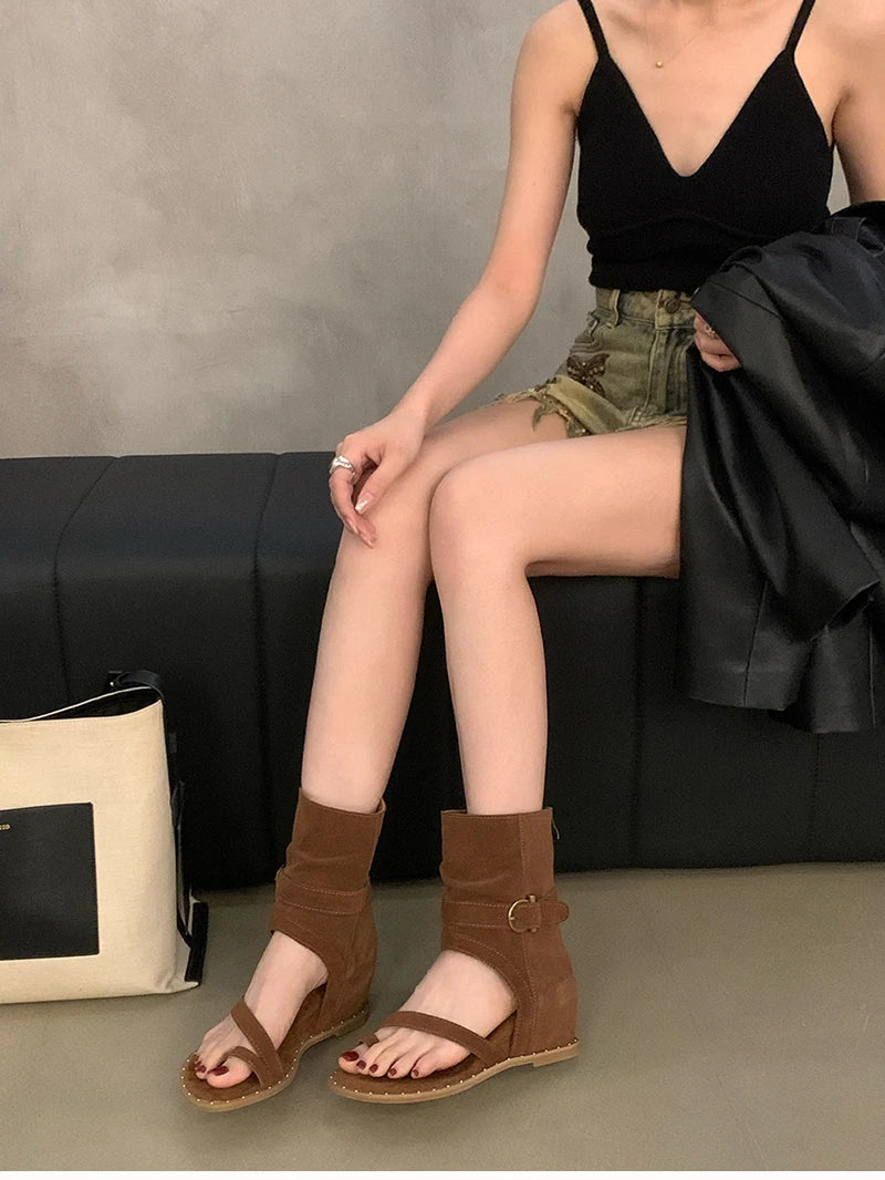 Rome Style Women Western Cowboy Boots Fashion Clip Toe Back Zippers Mid Calf Booties Internal Elevation Female Shoes