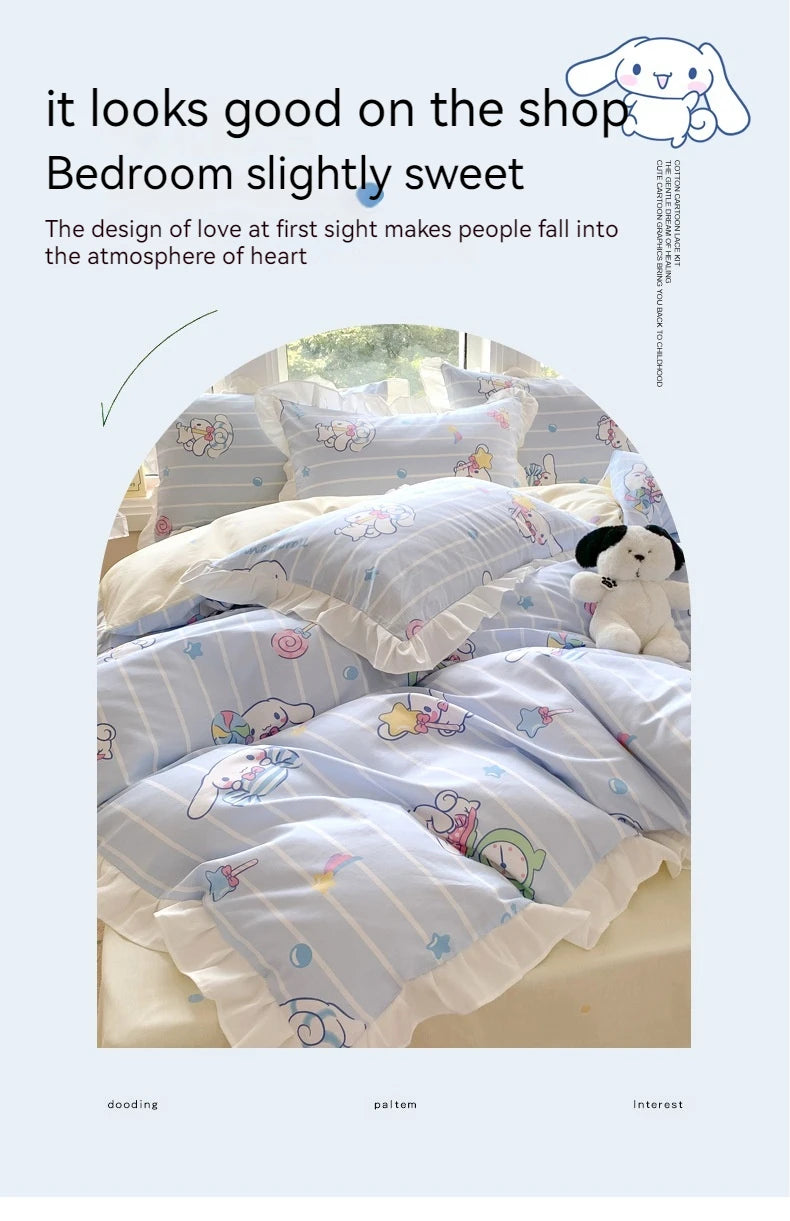 Sanrio Kids Bedding Set Kuromi Cinnamoroll Mymelody Duvet Cover Bed Sheet Pillowcase Bedsheet Double Single King Queen Twin Size