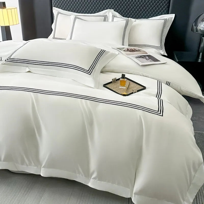 3Pcs 3 Line Embroidery White Black Duvet Cover and Pillow Shams with Zipper Closure Lightwhite Microfiber Ultra Soft Bedding set