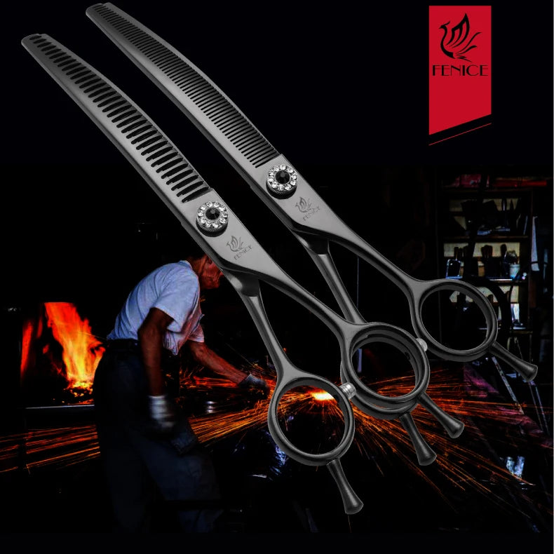 Fenice High-grade 6.5/7.25 inch Straight/Curved JP440C Thinning Rate 25%-70% Shears Chunker Scissors Pets Dog Grooming Scissors