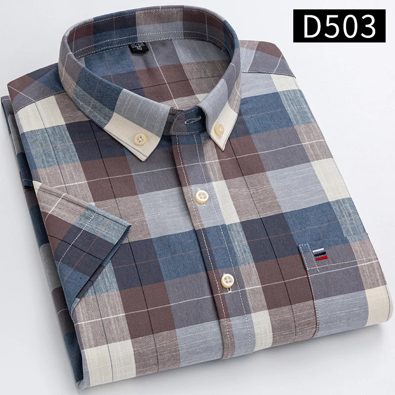 100% Cotton Breathable Men Oxford Short Sleeve Summer Plaid Striped Male Shirt Business Regular Fit Oversized Clothes