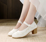 Veowalk  4cm Block Heels Women Cotton Embroidered Mary Jane Shoes Elegant Soft Comfortable Retro Costume Pumps White Beige