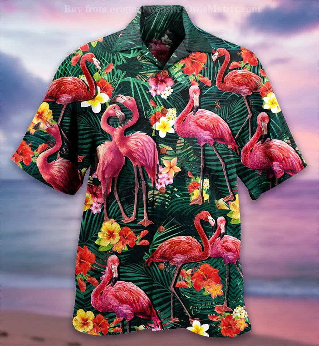 Summer Hawaiian Shirt for Men Designer 3d Printing Flamingo Short Sleeve Oversized Funny Men's Clothing Fashion Beach Harajuku