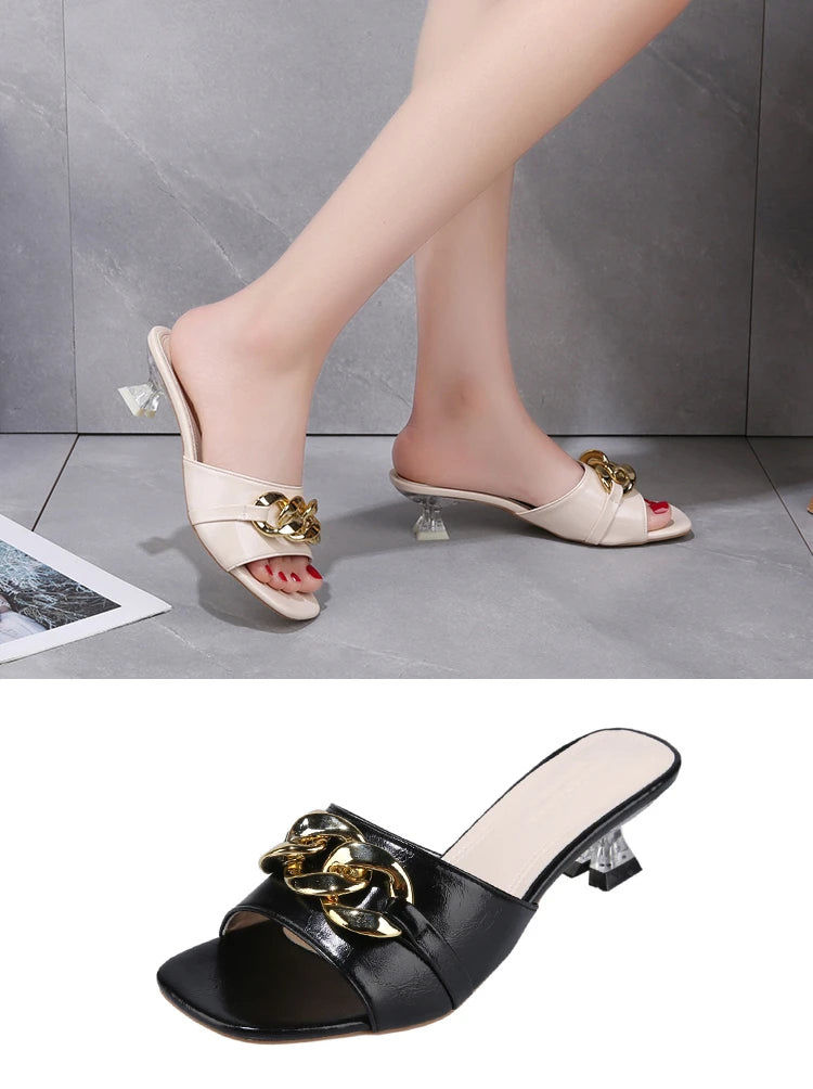 Women Slippers Women's Mules Slides Shoes Female Clear Heels Sandals with Chain Thin Heels Open Toe Outdoor Party Footwear