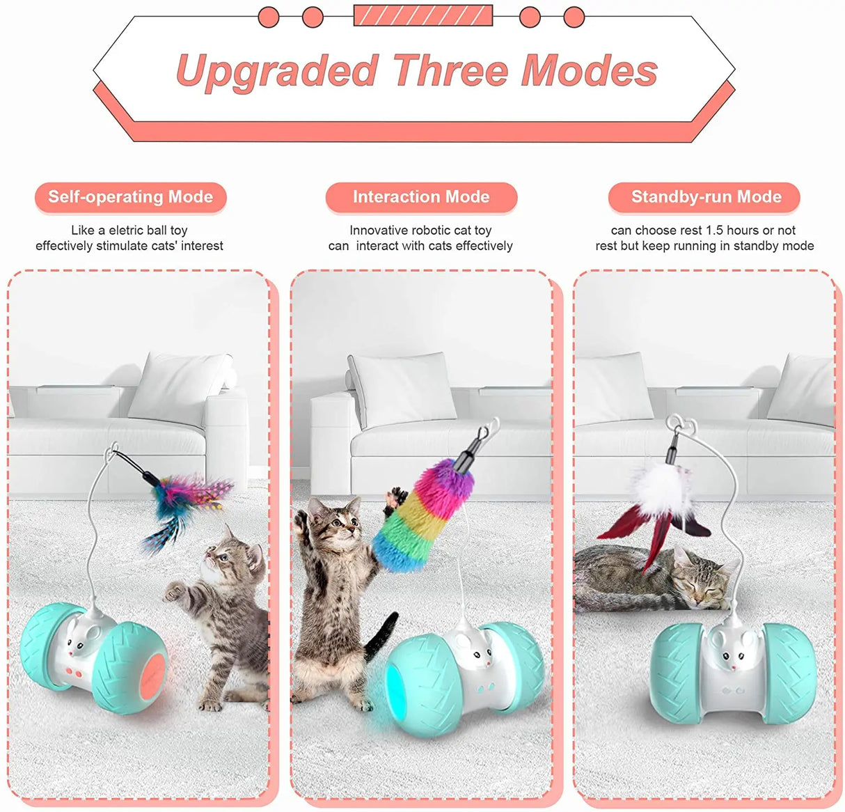 Interactive Cat Toys for Indoor Cats, Automatic Kitten Toys Electronic with Mouse and 3 Feathers for Cats to Play Alone Exercise