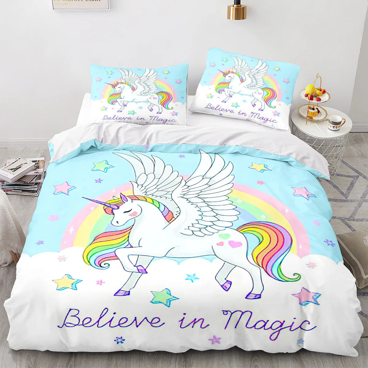 Unicorn Duvet Cover Set Cartoon Galaxy Rainbow Colourful Unicorn Cute Romantic Theme for Kids Girls Polyester Comforter Cover