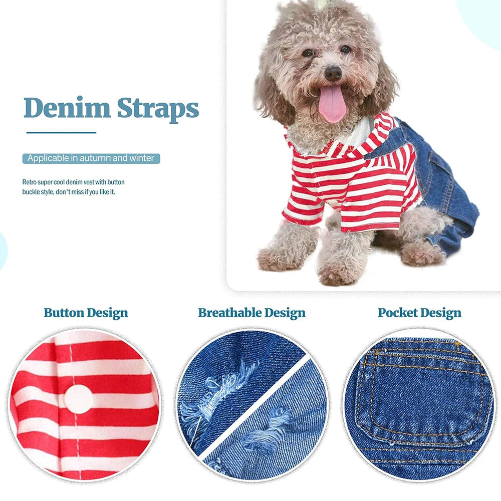 Small Dog Hoodie Clothes Stripe Shirts Denim Jumpsuit Outfit for Small Medium Dogs Cats Boy Girl Blue Jeans Overalls for Puppy