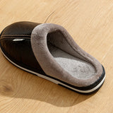 Men Slippers Indoor PU Leather House Waterproof Warm Home Bedroom Fur Slipper Male Shoes Fluffy Big Size Casual Slide Shoes