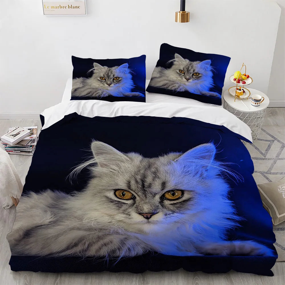 3D Cat Bedding Set Luxury Animal Duvet Cover with Pillowcase Queen King Single Double Size for Girls Boy Polyester Quilt Cover