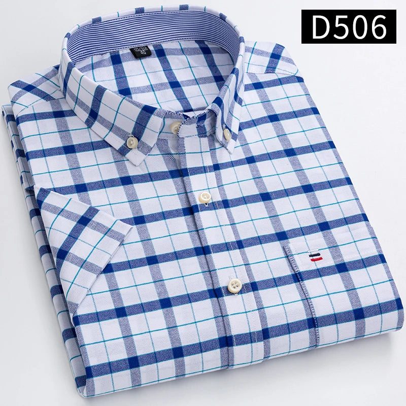 100% Cotton Breathable Men Oxford Short Sleeve Summer Plaid Shirts Striped Male Clothes Business Regular Fit Oversized