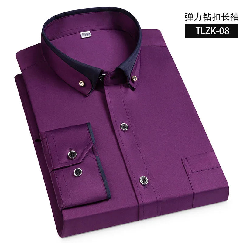 5XL Autumn/Winter Social Long Sleeve Shirt with Diamond Buckle Contrast Collar Men's Business Casual Four Seasons Pockets