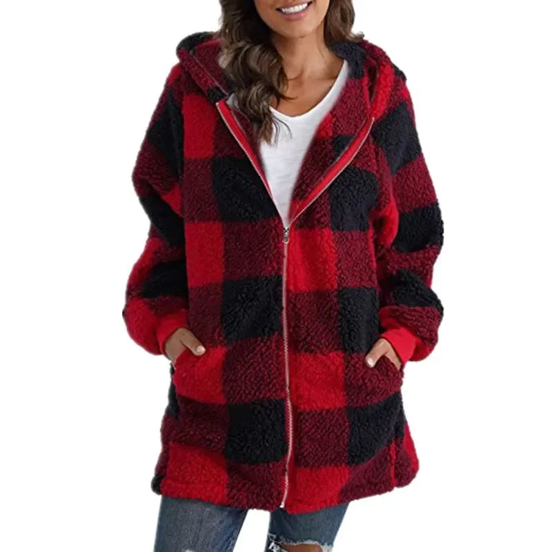 2024 New Amazon Long Sleeve Plaid Hooded Zipper Women's Jacket Loose Fit Pocket Included Casual Ladies Outerwear