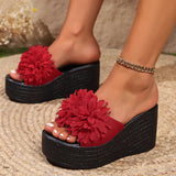 Large Flower Open Toe One Line Thick Bottom Slippers for Women's 2024 Summer New Fashion Slope Heel Women's Slippers