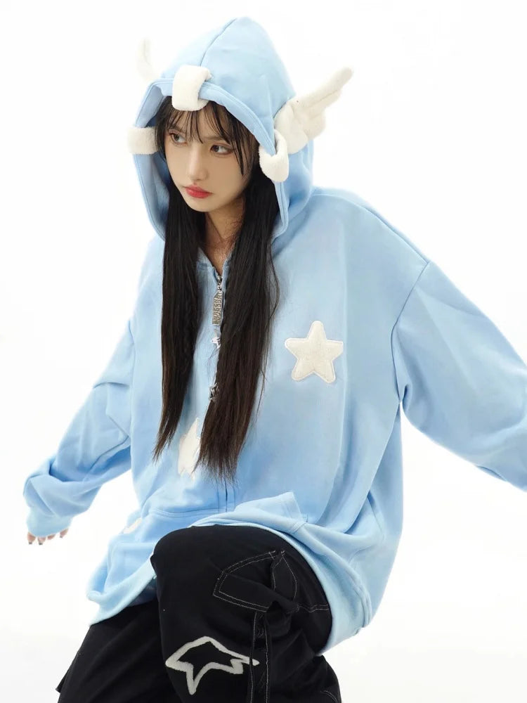 Japanese Kawaii Wing Hooded Loose Sweatshirt Women Autumn Long Sleeves Zipper Star Cardigan Oversized Coat Y2K Sweet Cute